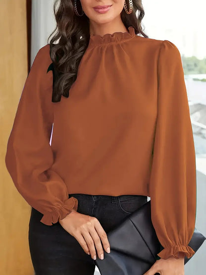 Tessa® | Stylish Solid Ruffle Trim Blouse Elegant Long Sleeves