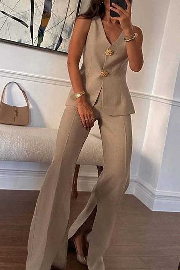 Zaida® | Solid color elegant sleeveless vest and suit pants two piece set