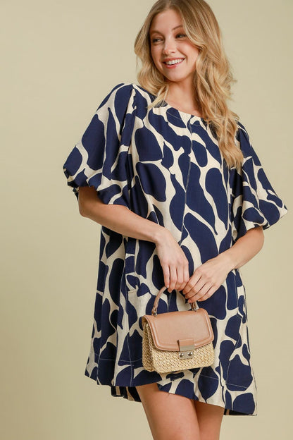 Zoraida® | Two-tone abstract print dress with puff sleeves