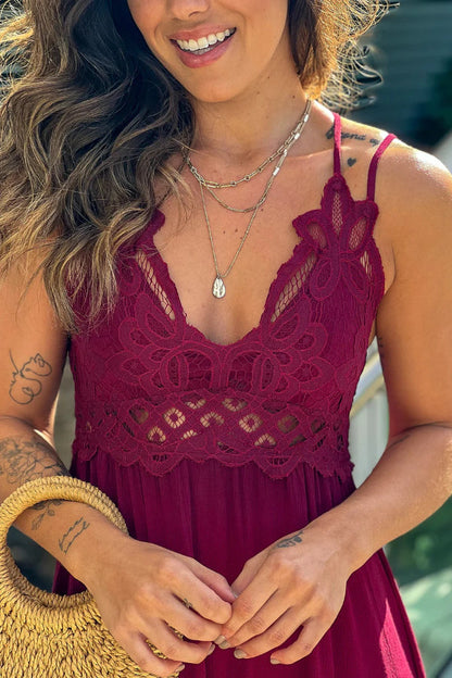 Verónica® | Garnet red crochet top high low dress