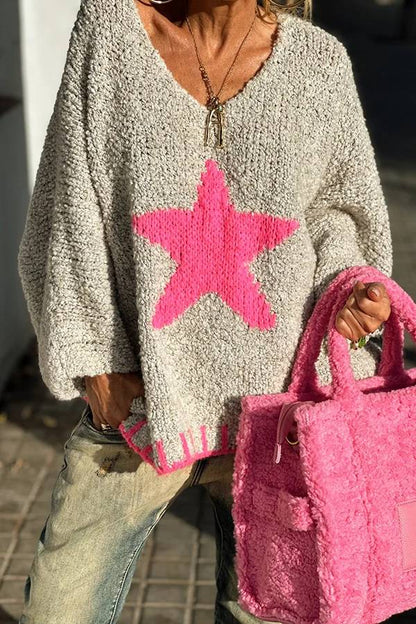 Signe® | Warm winter day texture knitted sweater with star pattern and contrast color