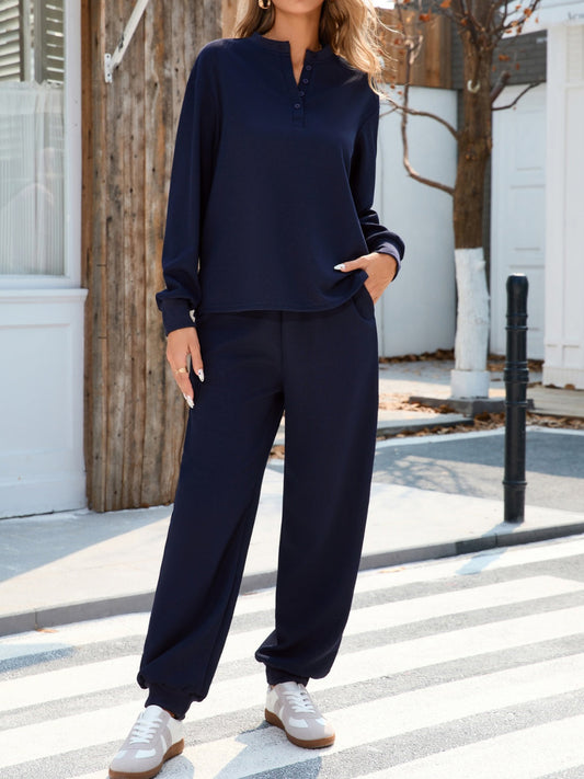 Zaida® | Long sleeve top and quarter button trousers set