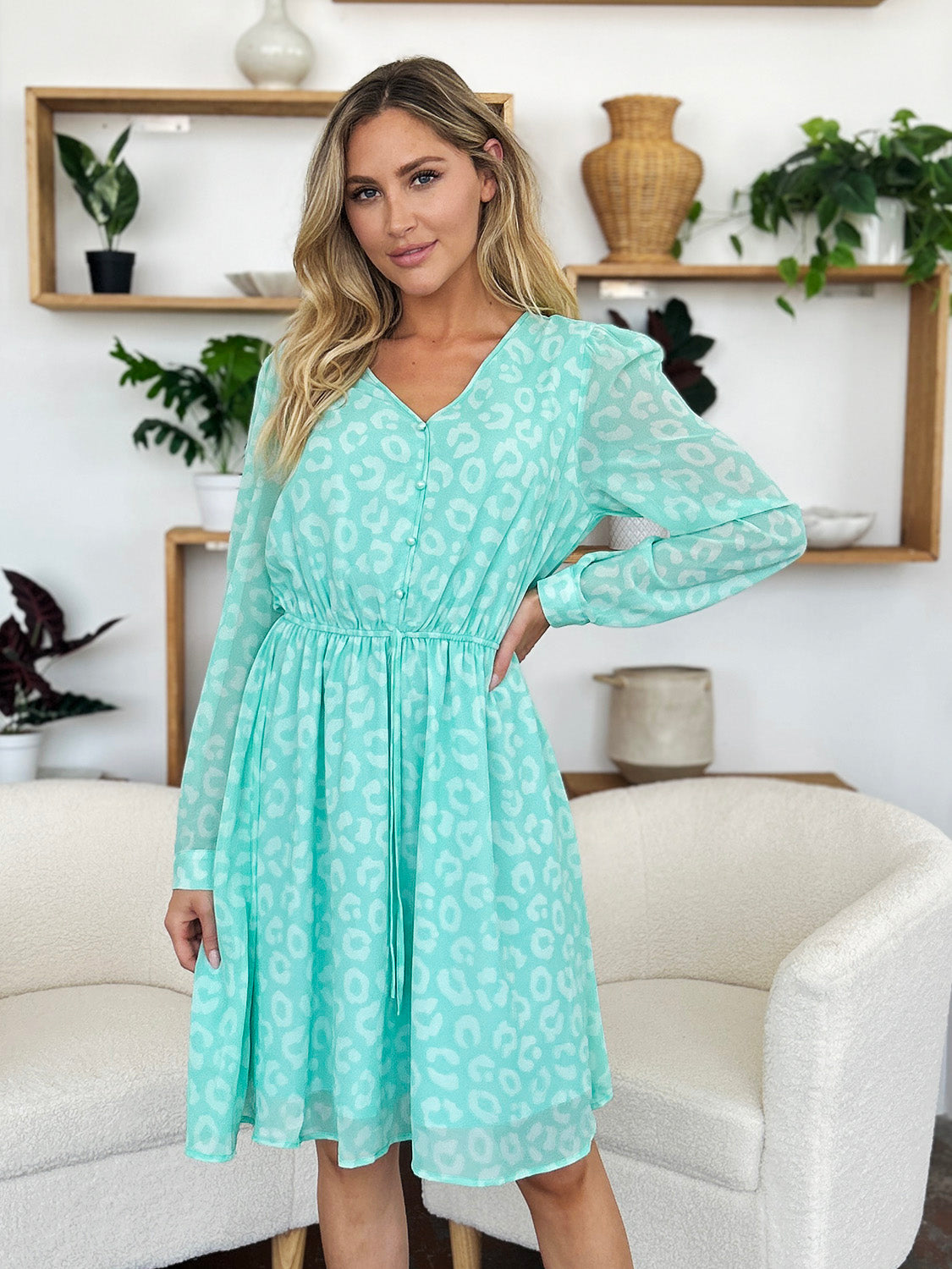 Silvana® | Double Take Printed Long Sleeve Ruched V Neck Full Size Dress