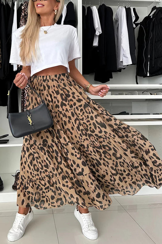 Philippa® | Unique and comfortable leopard print A-line maxi skirt with elastic waist