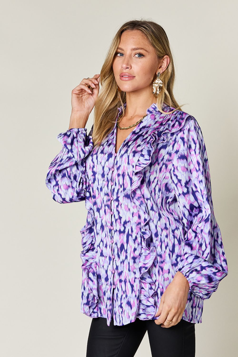 Susana® | Full size printed double take shirt with ruffle trim and balloon sleeves