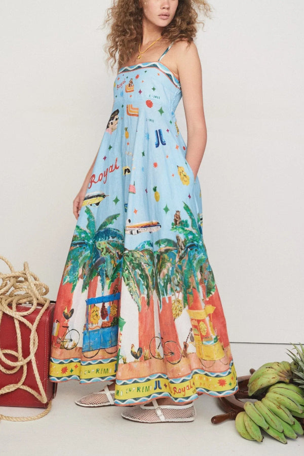 Verena® | Summer Energy linen blend unique print midi dress with smocked back and pockets