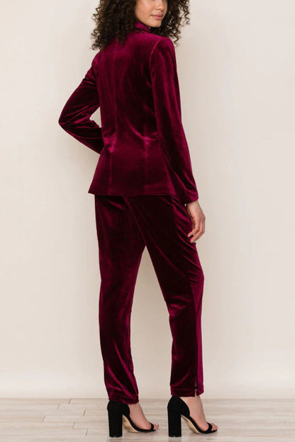 Alice® | Solid color velvet long sleeve blazer and trousers with elastic waistband and pockets