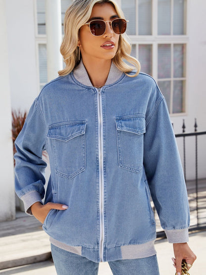 Tabea® | Denim jacket with baseball collar and zip and pockets