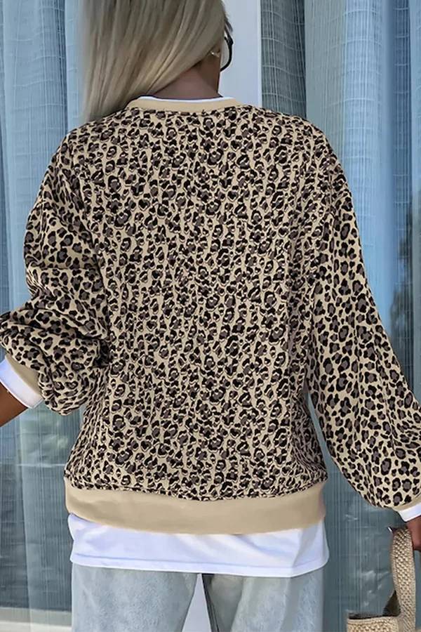 Persephone® | Patchwork leopard print long sleeve crew neck sweatshirt. Casual, loose sweatshirt