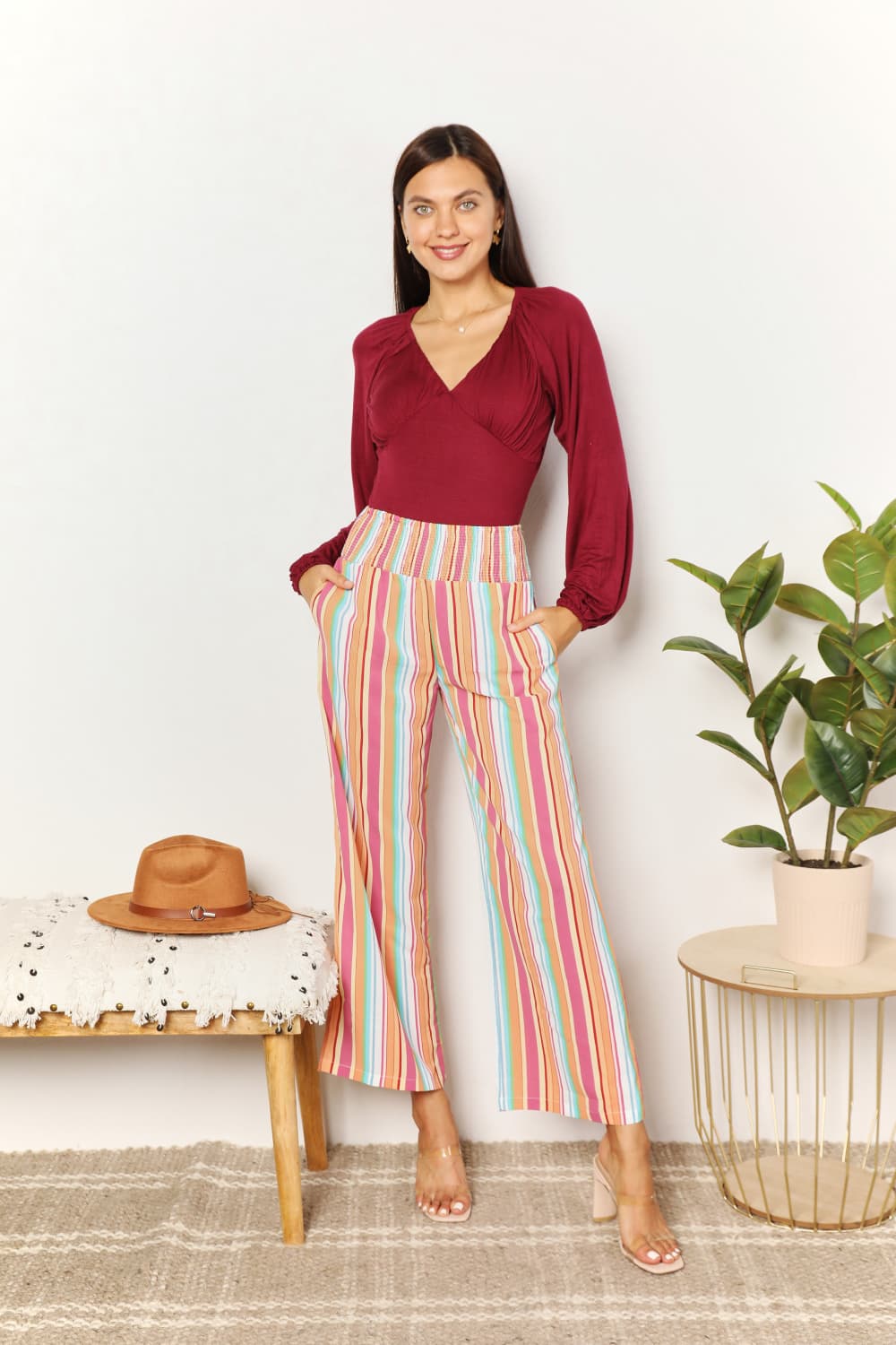 Nuria® | Striped smocked waist trousers with pockets from Double Take