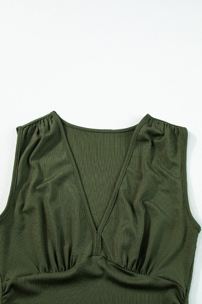 Zarina® | Moss green sleeveless ruffled wide leg V-neck jumpsuit