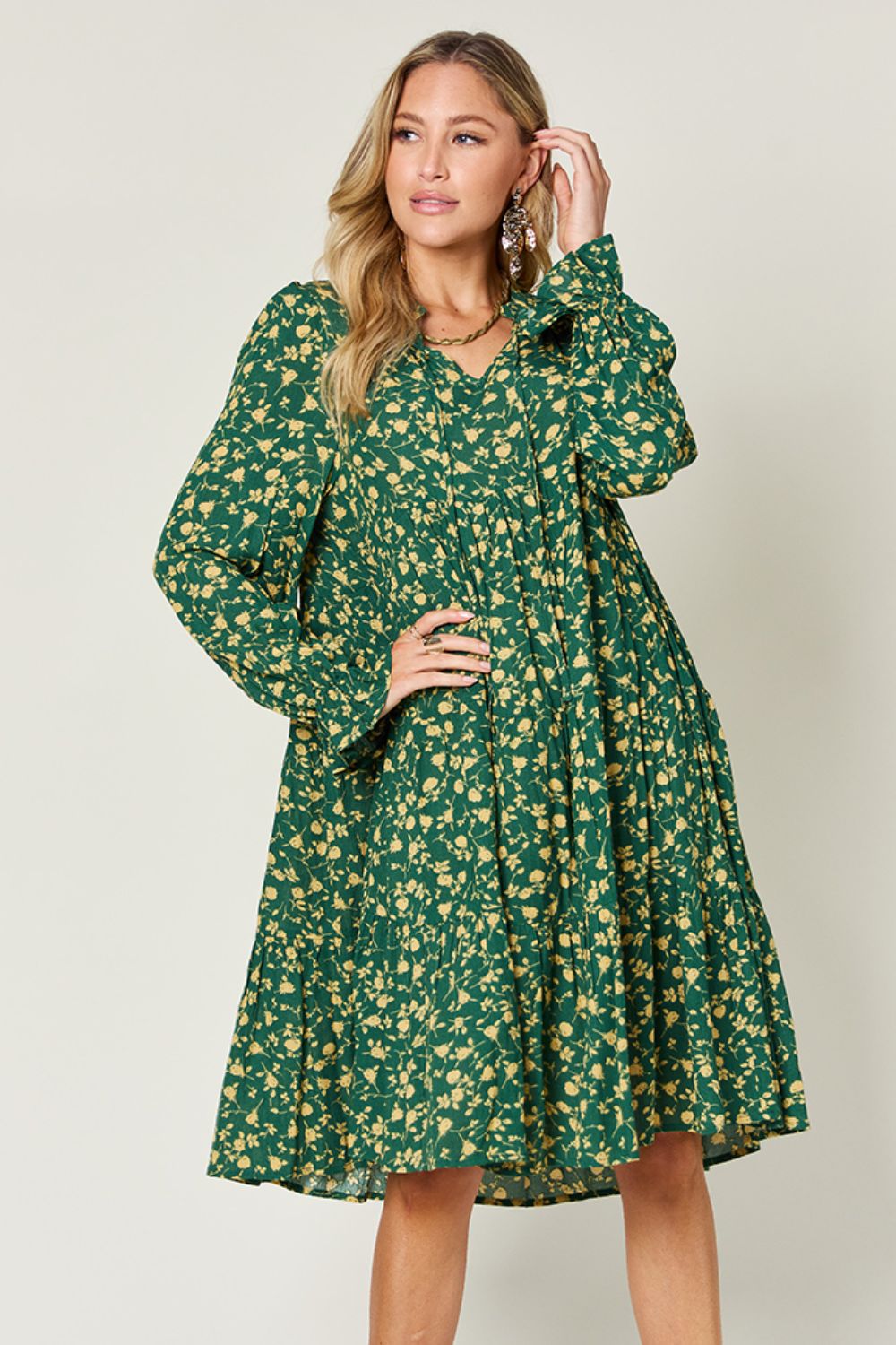 Tatiana® | Double Take long sleeve tiered ruffle hem dress with full size print