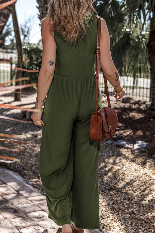 Zarina® | Moss green sleeveless ruffled wide leg V-neck jumpsuit