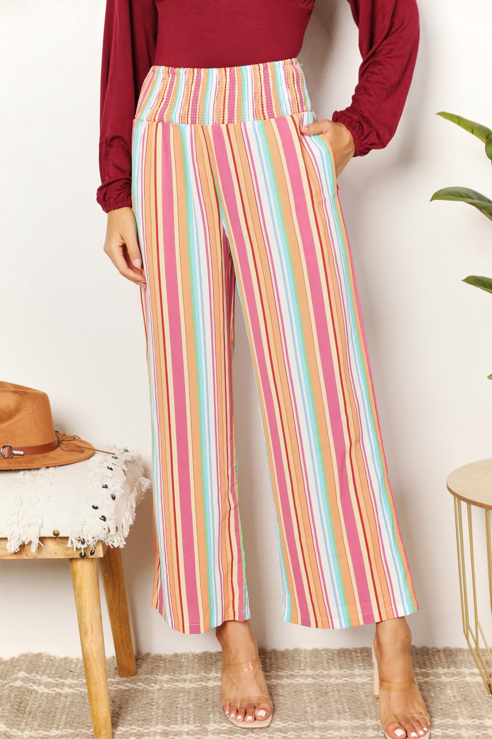 Nuria® | Striped smocked waist trousers with pockets from Double Take