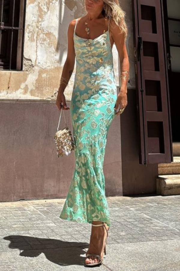 Xochitl® | Tie Dye Ombre Gold Floral Print Sexy Strap Maxi Dress