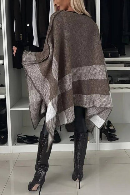 Peggy® | Calm and elegant knitted plaid loose poncho with color block batwing sleeves