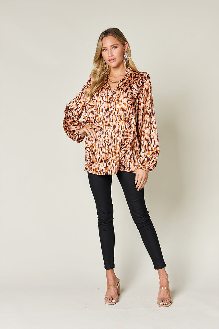 Susana® | Full size printed double take shirt with ruffle trim and balloon sleeves