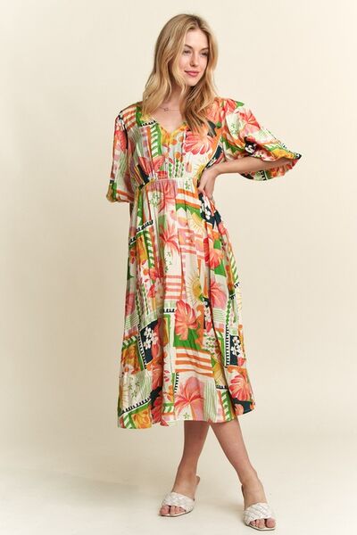 Tamara® | Floral midi dress with V-neck and puff sleeves