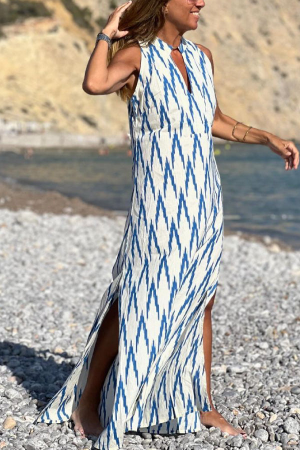 Tamara® | Blue printed casual sleeveless long dress