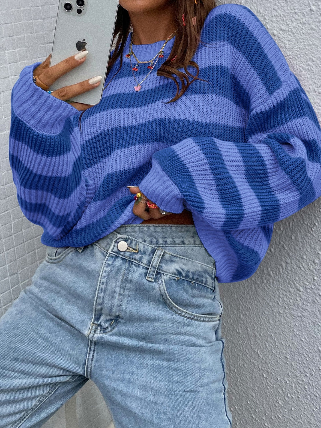 Nadia® | Honey colored striped long sleeve crew neck jumper