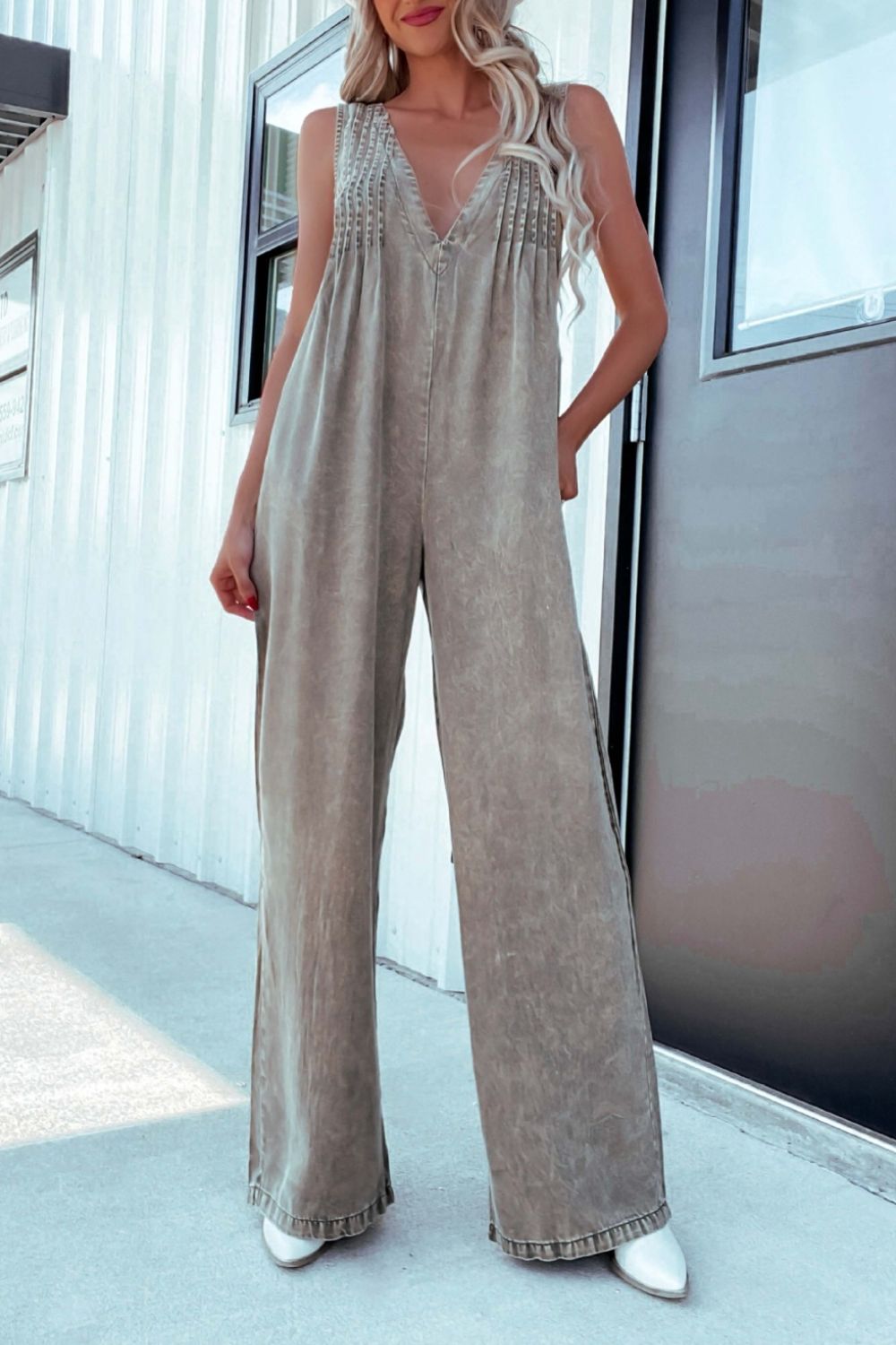 Susana® | Wide leg denim V-neck jumpsuit