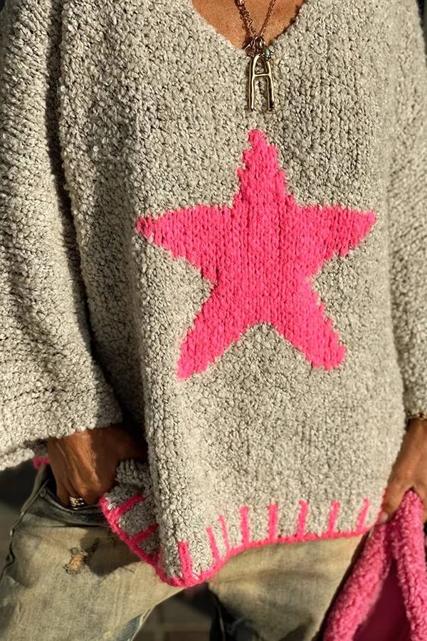 Signe® | Warm winter day texture knitted sweater with star pattern and contrast color