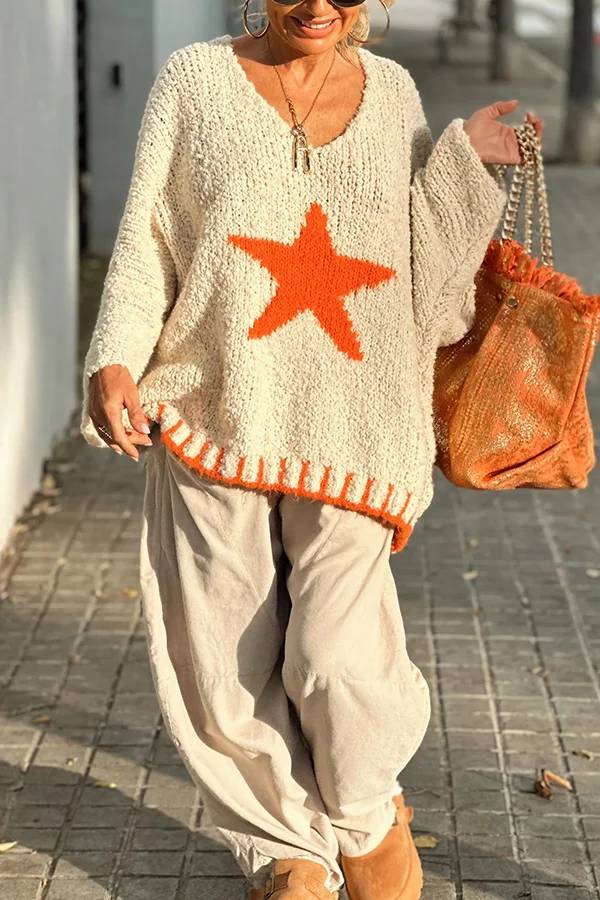 Signe® | Warm winter day texture knitted sweater with star pattern and contrast color