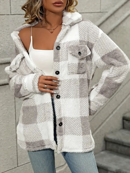 Nadia® | Checked plush coat with dropped shoulders and long sleeves