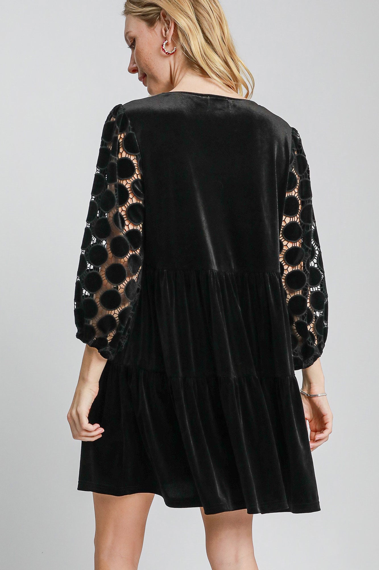 Pilar® | Polka dot tiered velvet mini dress with lace sleeves