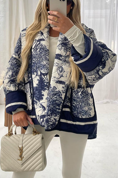 Yamel® | Romantic Songs porcelain ink print quilted cotton kimono jacket with pocket