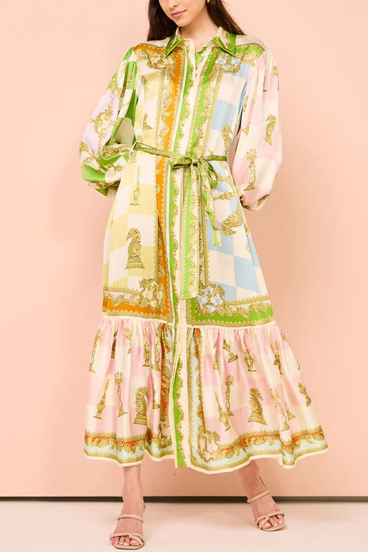 Vespera® | Garden party satin shirt maxi dress with unique print, balloon sleeves and belt