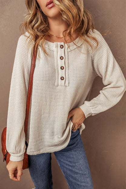 Alina® | Half button waffle knit crew neck top