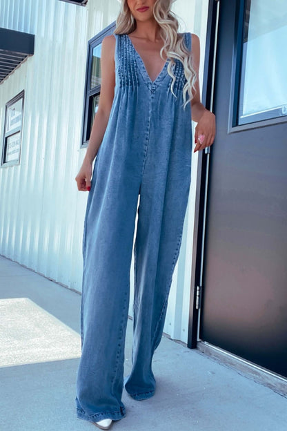 Susana® | Wide leg denim V-neck jumpsuit