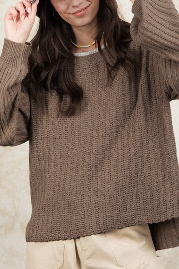 Adriana® | Smoke gray ribbed sweater with a contrast neckline and dropped sleeves