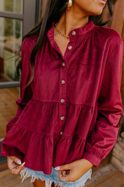 Stephanie® | Burgundy shirt with smocked ruffles and buttons