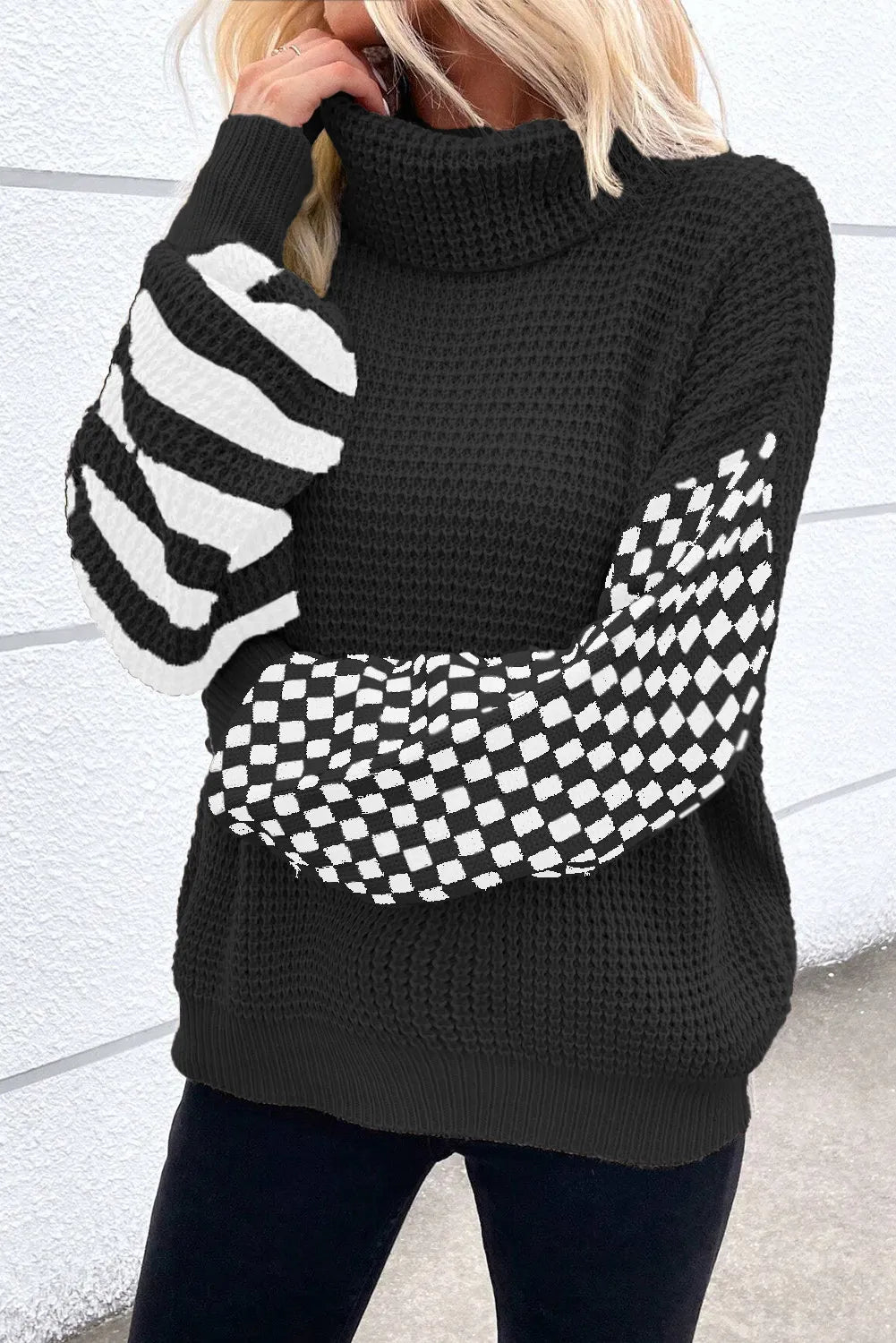 Agnieszka® | Checked striped turtleneck sweater with long sleeves