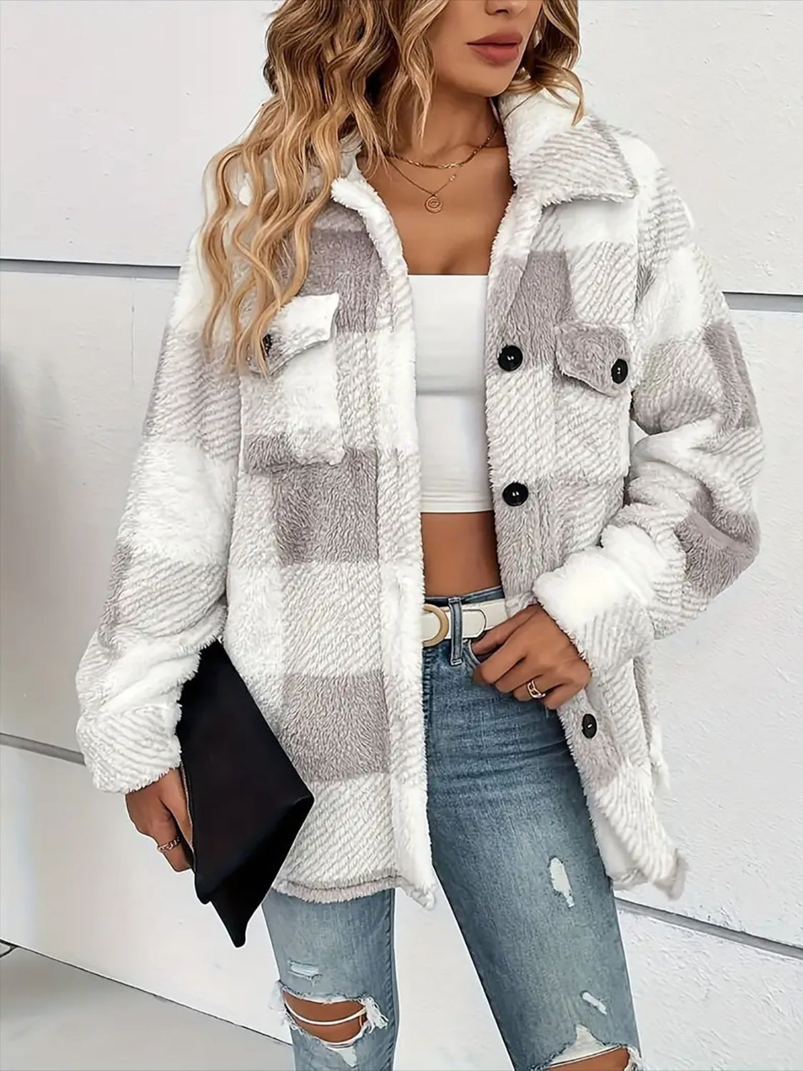 Nadia® | Checked plush coat with dropped shoulders and long sleeves