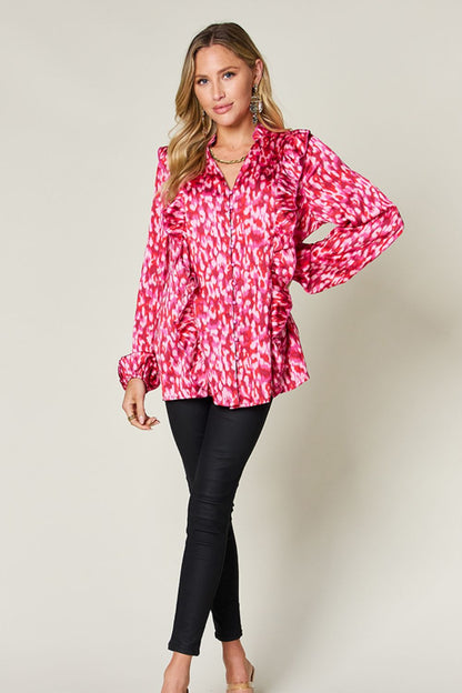 Susana® | Full size printed double take shirt with ruffle trim and balloon sleeves