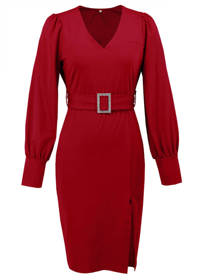 Verity® | Long-sleeved, knee-length dress with a V-neck and slit