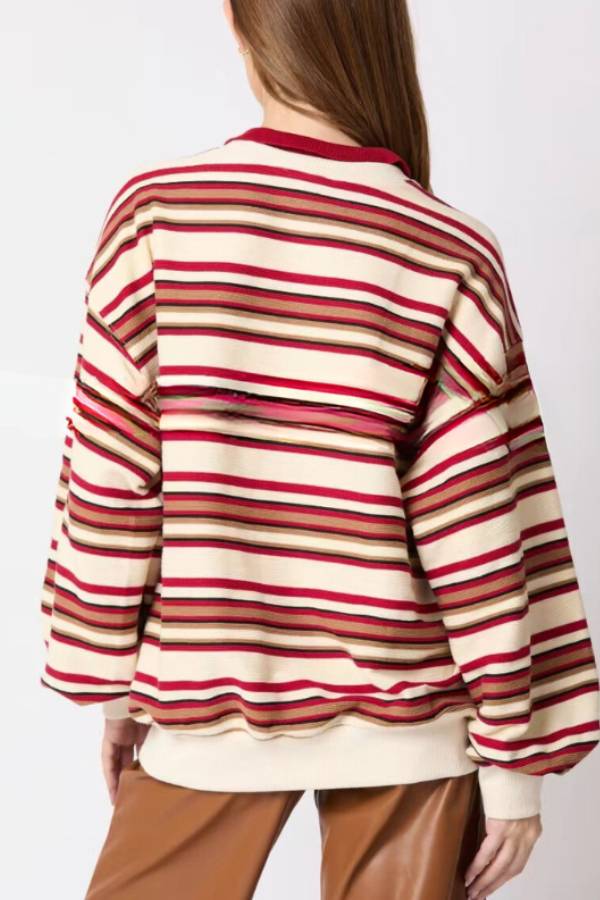 Sylvia® | Striped lapel long sleeve top, loose casual sweatshirt