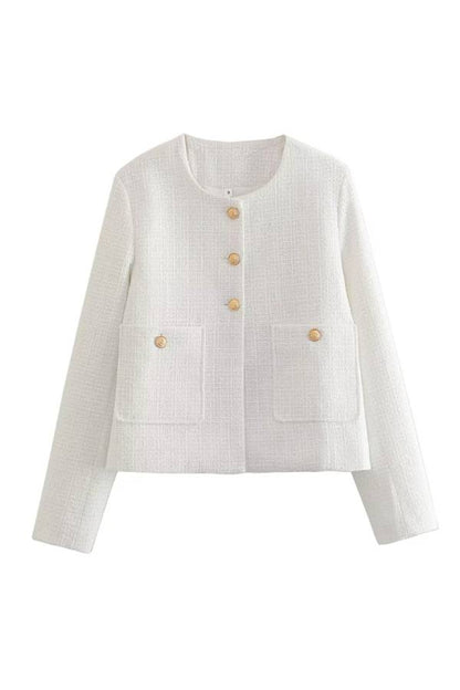 Suzanne® | Round neck slim fit color block women's jacket with buttons