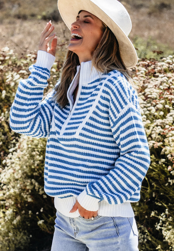 Amelia® | Striped long sleeve sweater with half zip and stand-up collar