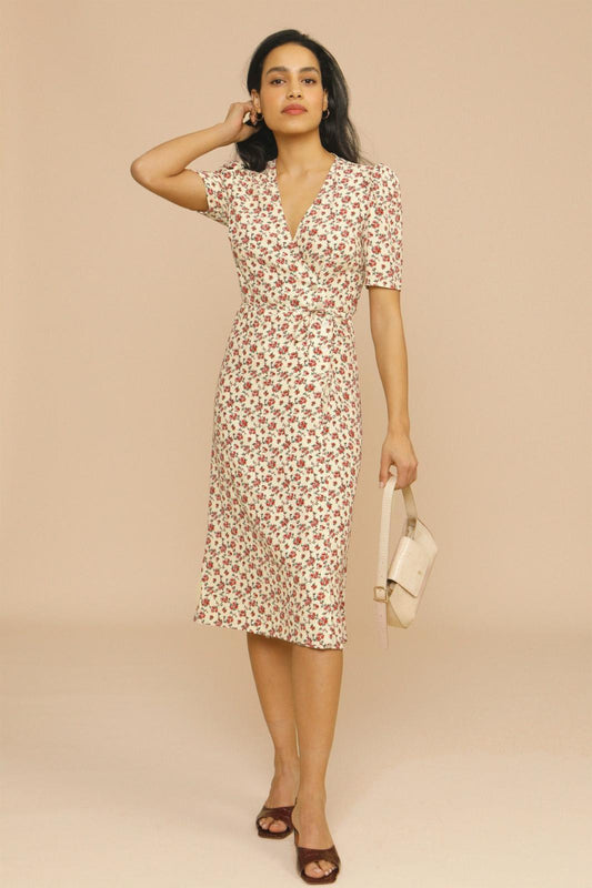 Sigrid® | V-neck midi dress with floral print puff sleeves