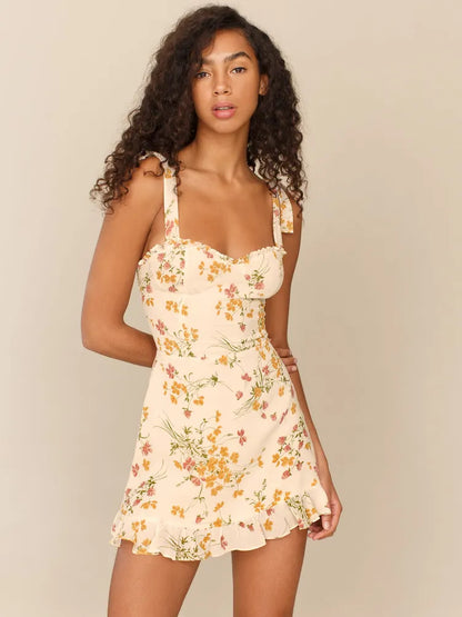 Thyra® | Floral mini dress with a sweetheart neckline in beige