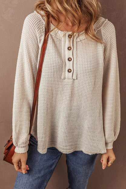 Alina® | Half button waffle knit crew neck top