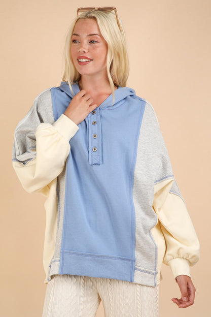 Pilar® | VERY J hoodie with exposed seams and color block half buttons