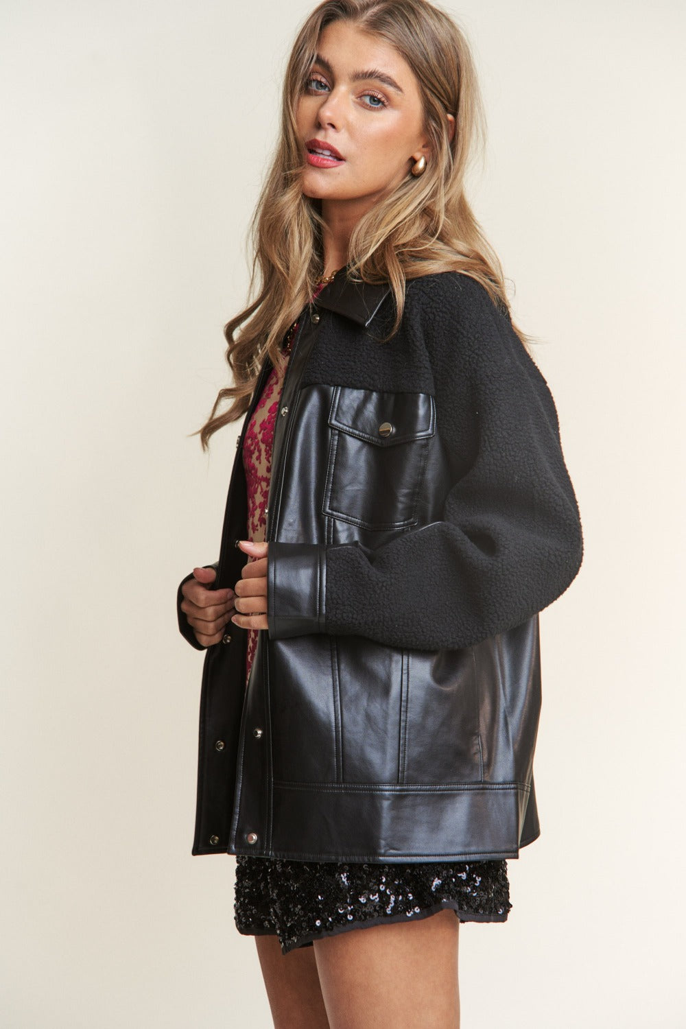 Ana® | Faux leather sherpa contrast snap down jacket