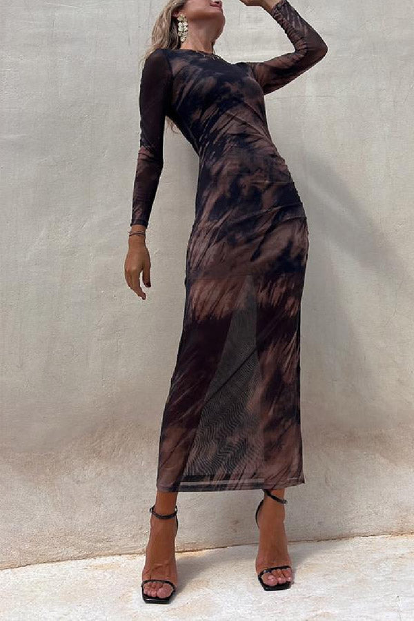 Taylor® | Charm Lady Mesh Overlay Tie Dye Print Long Sleeve Ruched Stretch Midi Dress