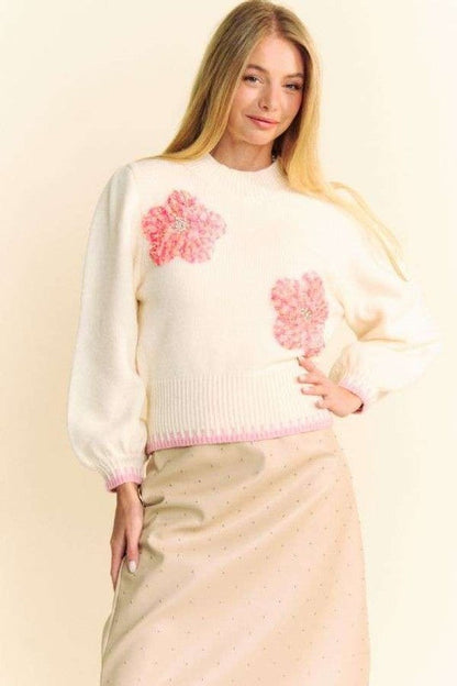 Stella® | Fluffy stand-up collar sweater with floral patch