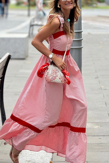 Stella® | Red and white vertical striped long dress with bow straps